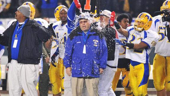 Sacramento Grant coach Mike Alberghini gets Gatorade bath as his 2008 team is about to beat Long Beach Poly in first CIF Open Division bowl game. Photo by Scott Kurtz.