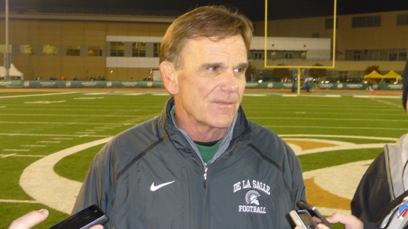 De La Salle head coach Bob Ladouceur talks to the media after team's 49-15 win over Folsom in CIF Open Division Northern California final. Lad's Spartans will be going for their fourth straight CIF Open Division title Saturday against Corona Centennial. They also would finish No. 1 in the state for the 16th time since 1992.