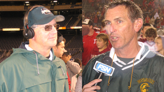 Last year's tough call between head coach John Carroll's team at Oceanside (left) and coach Dave White's team at Huntington Beach Edison (right) won't happen again because Oceanside will be up for D1 or open division bowl consideration while Edison will still be D2..