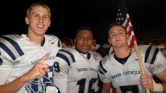 Marin Catholic's Jared Goff, Akili Terry and Alex Poksay celebrate after winning 2012 CIF NorCal Division III bowl game.  Photo by Harold Abend.