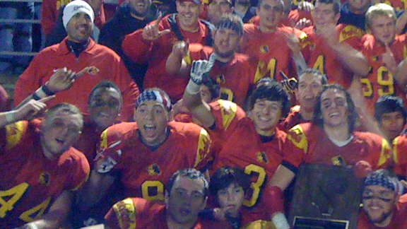 Oakdale head coach Trent Merzon (upper left in white beanie) and his players won last year's CIF D2 North bowl game. Photo by Paul Muyskens.