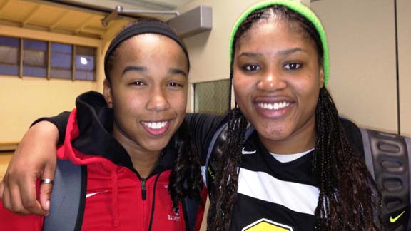 Mikayla Cowling (left) from St. Mary's of Berkeley and K.C. Waters from Bishop O'Dowd of Oakland will be teammates in the future at Cal. Their teams could meet in this year's first CIF NorCal Open Division playoffs. Photo: Harold Abend. 