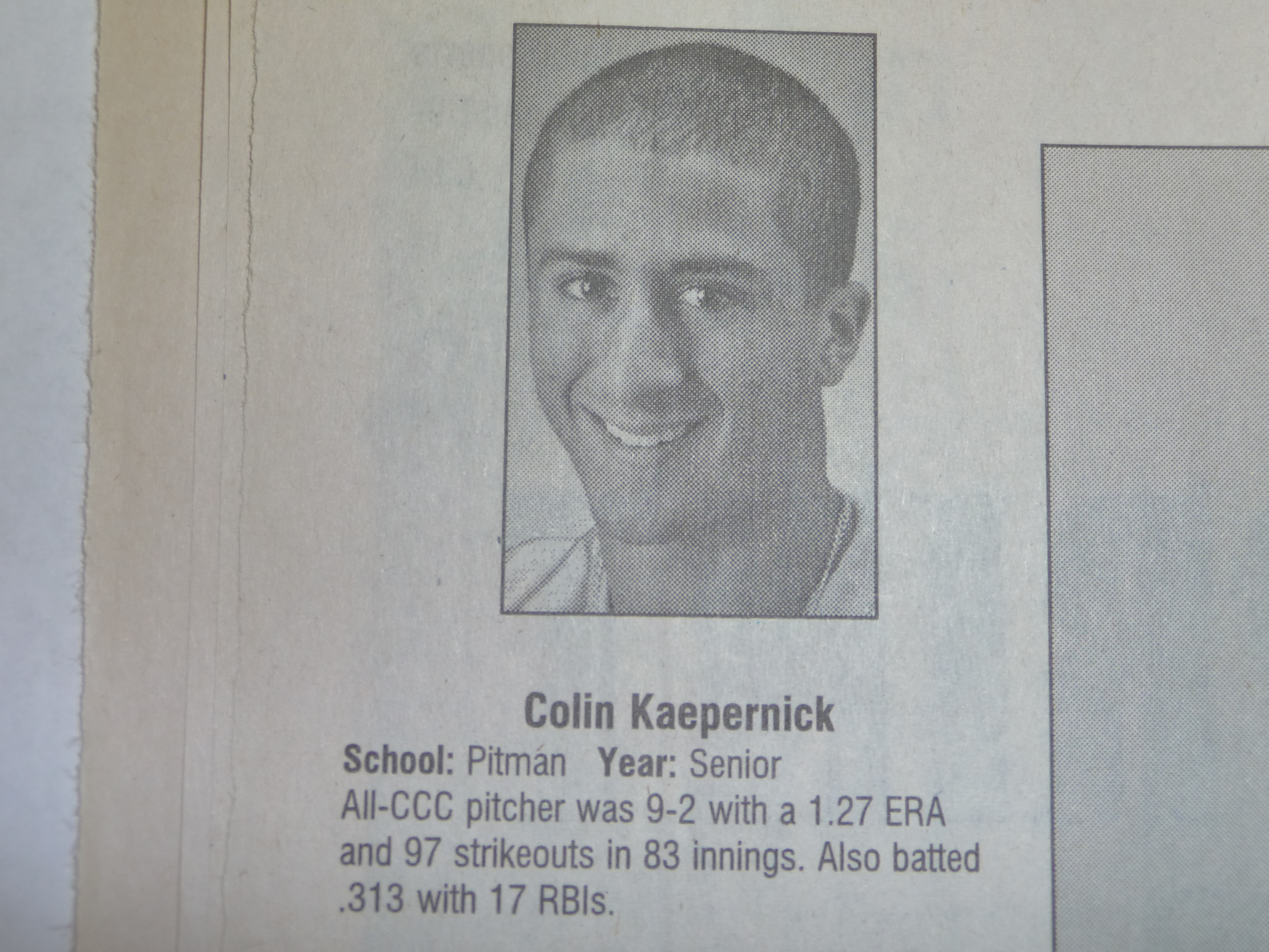 This is a photo taken from the Modesto Bee's 2006 All-Stanislaus District team for baseball. Prep editor Will DeBoard (now media director of the Sac-Joaquin Section) also named Kaepernick as the District Boys Athlete of the Year.
