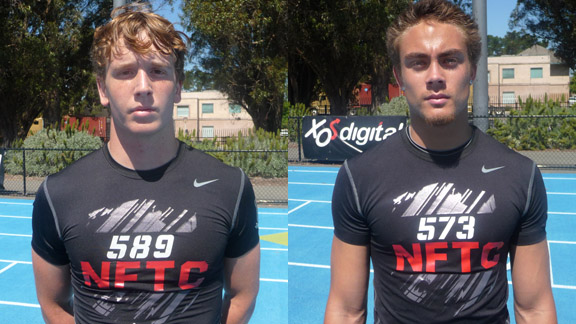 All-State Grid-Hoopers Jesse Holmes (left) of Chico and Sage Burmeister (right) of La Jolla Country Day worked out with with receivers at last May's Northern California Nike Football Training Camp. 