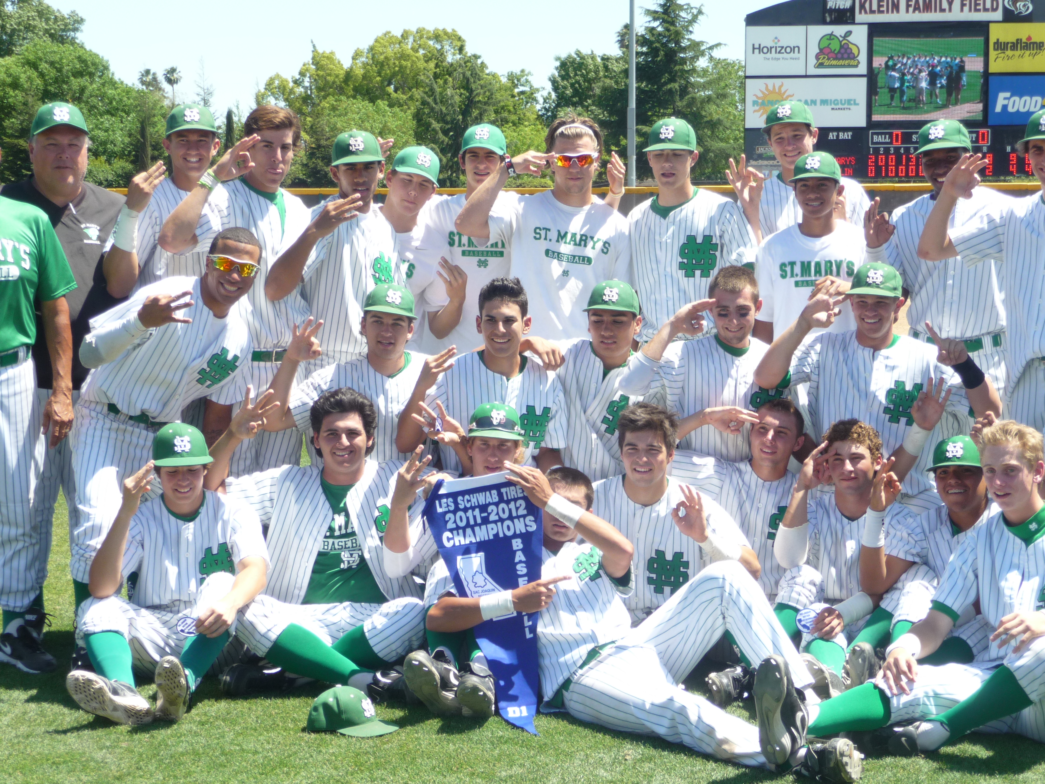 St. Mary's of Stockton players show that they know how many CIF Sac-Joaquin Section titles they've won at the end of last season's Division I championship series. The Rams should remain one of Northern California's best this season.