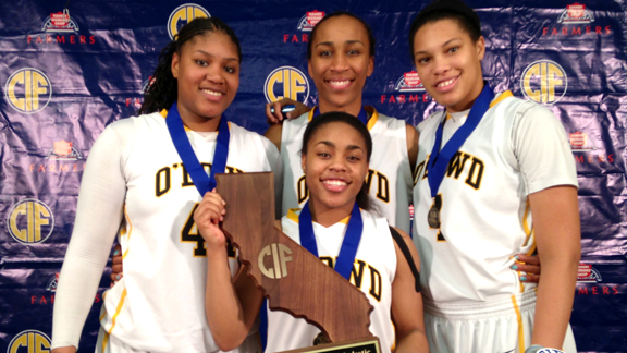 Members of the Bishop O 'Dowd girls team are all smiles after capturing the first-ever CIF Open Division championship. The Lady Dragons are the 2012-13 state team of the year.  