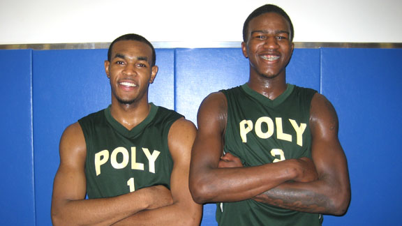 Roschon Prince and Jordan Bell had much to be smiling about after their team at Long Beach Poly won at the buzzer on Friday night over St. John Bosco of Bellflower in the CIF Open Division playoffs.