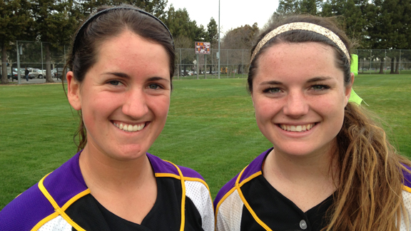 Krista Williams (left) provided the offense and Arizona State-bound Johanna Grauer didn't allow a run from the circle as Amador Valley won the Queen of the Mountain Tournament in Pleasanton.