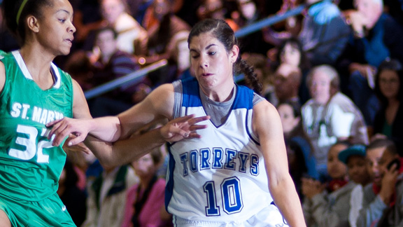 Ms. Basketball State Player of the Year Kelsey Plum looks for an opening during January game against national power St. Mary's of Stockton. Photo courtesy La Jolla Country Day High School.