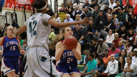 Sophomore forward Sydney Raggio from St. Ignatius of San Francisco gets ready to shoot during game against arch-rival Sacred Heart Cathedral of San Francisco. Photo by Willie Eashman.