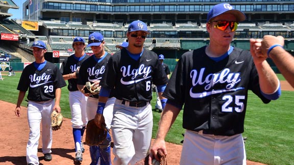 Clayton Valley players celebrate after winning game last season at home of the Oakland Athletics. Clayton Valley already has its fifth straight shutout win from game this week. Photo by David Chin.