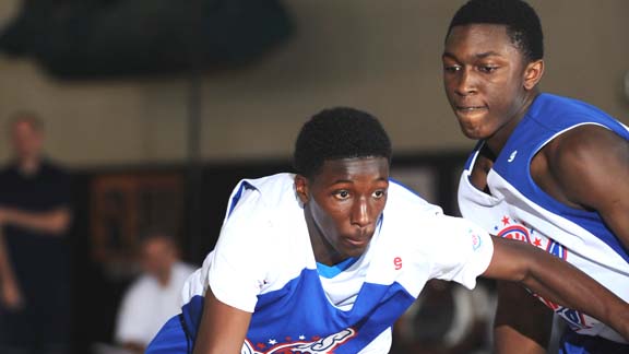 St. John Bosco's Daniel Hamilton makes a move on Mater Dei's Stanley Johnson at last year's Pangos All-American Camp. The Trinity League rivals are among the plethora of high major prospects set to attend this year's camp Saturday and Sunday in Long Beach.