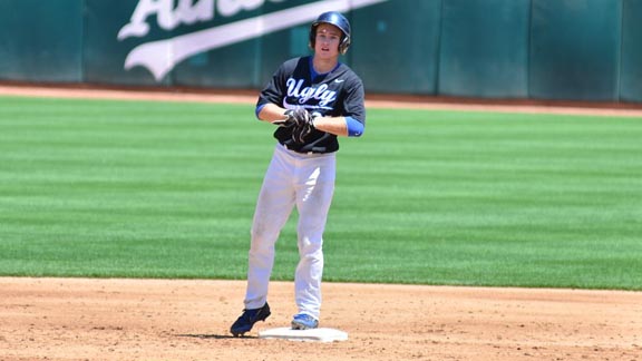 Josh Ballard of No. 18 Clayton Valley stops at second after hitting a double at O.co Coliseum. His team is in this week's loaded CIF North Coast Section Div. II semis. Photo: Paul Chin.