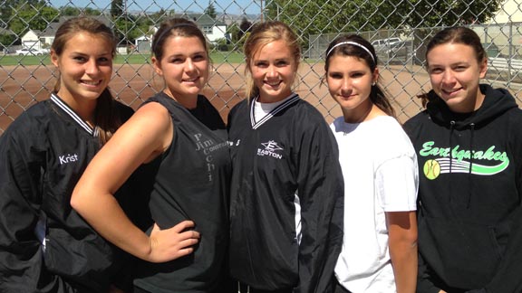 A mixture of senior leadership and up-and-coming underclass players has Petaluma in the state top 20 for the first time in school history. Joelle Krist, Gina Barnacle, Dana Thomsen, Brie Gerhardt, and Nicole Wiecks are shown at school on Tuesday. Photo: Harold Abend.