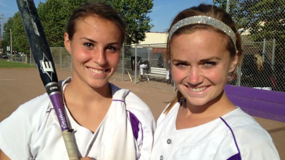 Dana Thomsen (right) of Petaluma gains all-state second team nod for pitching and hitting. Soph Joelle Krist (left) is player to watch for next two seasons. Photo: Harold Abend.