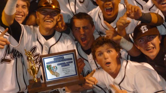 Players from No. 3 St. Francis of Mountain View, including Kort Peterson (below right), get fired up after they received CCS championship trophy. Photo: Mark Tennis.