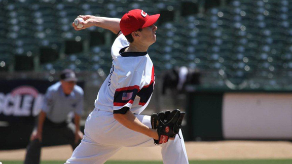 Campolindo of Moraga pitcher Trent Shelton throws during last year's Dave Stewart/Oakland A's High School Baseball Showdown in Oakland. Campo moved up in this week's division rankings. Photo courtesy Clovis West H.S.