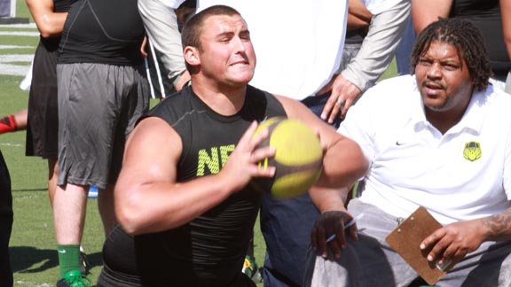 Zane Ventimiglia from Shasta of Redding reached 45 feet throwing the power ball during Saturday's Nike SPARQ Football Combine at Laney College. Photo: Willie Eashman.