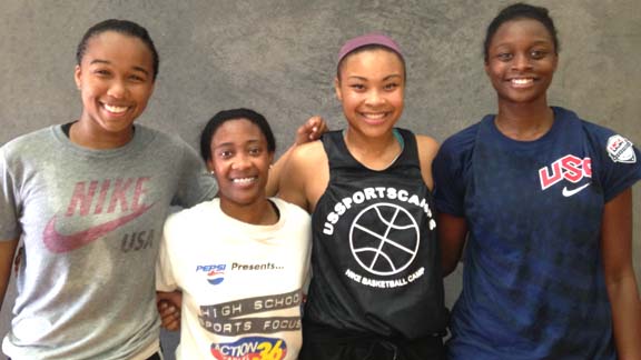 Mikayla Cowling, Asha Thomas, Mariya Moore and Gabby Green (L-R) are three of the top seniors-to-be in California. The exception is Thomas, one of the top juniors-to-be, and all four are quickly developing into high major D1 prospects. Photo: Harold Abend 