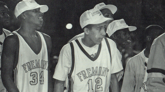 David Fizdale (12) celebrates with L.A. Fremont teammates after 1991 L.A. City Section 3A title game at L.A. Sports Arena. Fizdale is a hot commodity in NBA coaching circles.