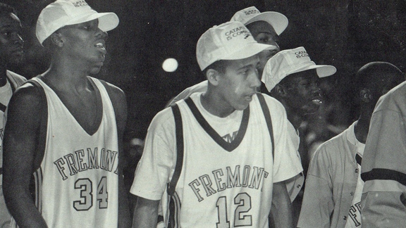 David Fizdale (12) celebrates with L.A. Fremont teammates after 1991 L.A. City Section 3A title game at L.A. Sports Arena. Fizdale is a hot commodity in NBA coaching circles.   