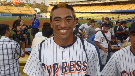Elijah Skipps is all smiles in midst of Cypress celebration after CIF Southern Section D2 final at Dodger Stadium. He has committed to Arizona. Photo: Mark Tennis.