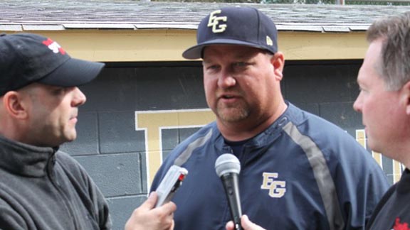 State Coach of the Year Jeff Carlson of Elk Grove is interviewed by Sacramento media standouts Joe Davidson and Mike Finnerty after a recent baseball game. Photo: Courtesy John Hull (Elk Grove Citizen).