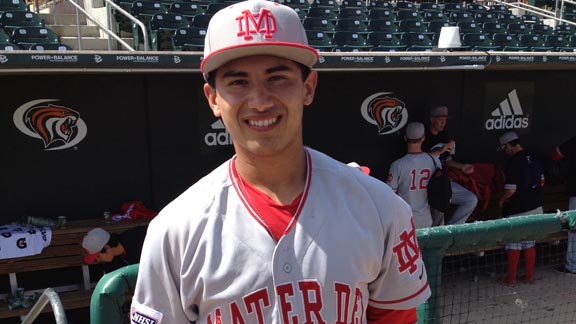 Catcher Jeremy Martinez helped Mater Dei to two major tourney championships. The Monarchs probably would have ended No. 1 in the FAB 50 if they had added CIFSS title. Photo: Paul Muyskens.