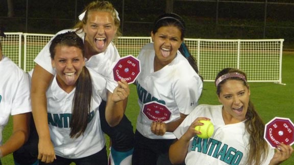 Four of Santiago's graduating seniors, including 30-game winning pitcher Erica Romero (far right), show off their goofy side during post-game photo after Saturday's CIFSS D1 final. Photo: Mark Tennis.
