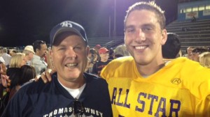 Aaron Zwahlen from Downey of Modesto was MVP of last year's game. He's with his father, Lynn. Photo: Mark Tennis.