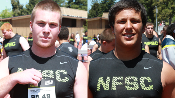 Two Northern California players with the SPARQ ranking, the right size and the right speed to perhaps one day become very effective fullbacks are Blake Bierwith (left) from California of San Ramon and Leonard Skattebo (right) of Rio Linda. Photos: Willie Eashman.