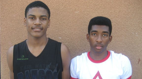Crespi's D.J. Ursery (left) was hot from the outside and Army-Navy's Devin Watson controlled the flow of games as Earl Watson Pangos Elite captured the top division of the Pangos Sweet 16.