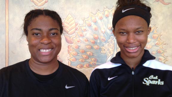 Kris Simon (left) will be returning to Windward of Los Angeles this season, but LaJahna Drummer (right) is switching from St. Bernard of Playa del Rey to Long Beach Poly. She'll be eligible to play for the Jackrabbits after January 6. Photo: Harold Abend.