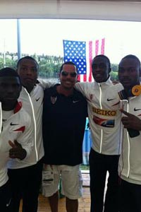 Coach Asher poses with the U.S. men’s 4x100m relay team that won the gold medal at the 2012 IAAF World Junior Championships in a time of 38.67. From L-R are Tyreek Hill- Garden City CC, Arthur Delaney- Oregon, Coach Asher, Aldrich Bailey Jr.- Texas A&M, Aaron Ernest- LSU.