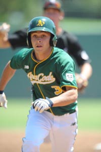 Cal Stevenson (Newark Memorial) gets into a rundown during final day of the Area Code Games. Photo by Scott Kurtz (Courtesy Student Sports).