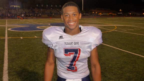 Quarterback Deaundre Terrell accounted for four touchdowns plus we saw him force a fumble and recover one during No. 21 Pleasant Grove victory. Photo: Mark Tennis.