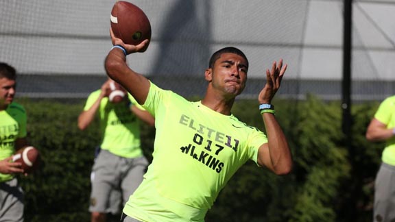 San Marin's Manny Wilkins (committed to Arizona State) lets loose during second day workout at Elite 11 finals in Oregon. Photo: Tom Hauck (Courtesy Student Sports).