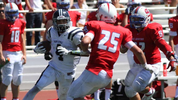 Andrew Celis of Marin Catholic looks for running room against St. Ignatius of San Francisco during Saturday afternoon matchup. Photo: Bill Schneider (VarsityPix.com).