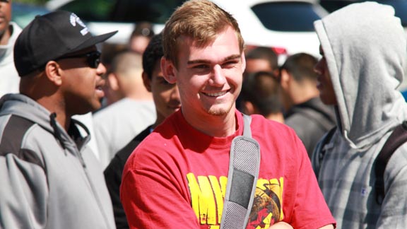 Ian Fieber, the Mission Viejo QB who has committed to San Jose State, gets snapped in the registration line before the Elite 11 tryout last May in Santa Clara. Photo: Willie Eashman.