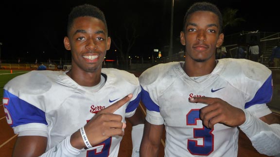 Jordan Lasley (left) caught a game-winning 54-yard touchdown pass in the fourth quarter from Jalen Greene to lift Serra of Gardena past Oceanside in the Friday game of the UT San Diego Honor Bowl played at Simcox Field in Oceanside.