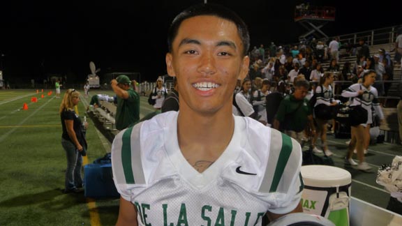 Jerek Rosales intercepted three passes in one quarter of De La Salle's 40-13 triumph last Friday at St. Mary's of Stockton. He ran one back 93 yards for a TD. Photo: Mark Tennis.