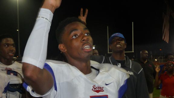 Wide receiver Jordan Lasley from Serra of Gardena sings his school's song after a victory from earlier in the season at the UT San Diego Honor Bowl. Photo: Mark Tennis.