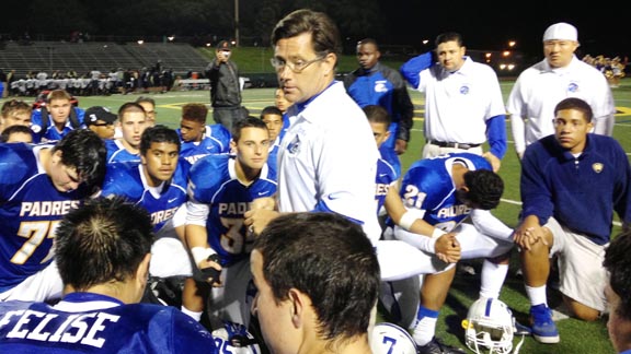 Serra of San Mateo head coach Patrick Walsh addresses team after win over Buhach Colony. It probably didn't take long for the players and coaches to start thinking about this Friday's major matchup against Bellarmine at San Jose City College. Photo: Harold Abend.