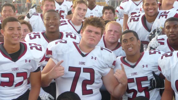 Big junior Reno Rosene (No. 72) is a 6-foot-7, 320-pound starter for No. 20 Oaks Christian of Westlake Village who has many D1 college offers. Photo: Mark Tennis.