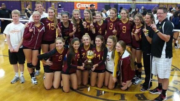 The Torrey Pines of San Diego girls volleyball team poses with trophy after winning Durango tournament. Photo: Courtesy of school through StudentSportsVolleyball.com.