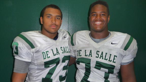 Larry Allen Jr. (left) and Khalil McKenzie are two big-time linemen for No. 1 De La Salle. Allen is the son of Hall of Fame NFL player Larry Allen. McKenzie is the son of Oakland Raiders' general manager Reggie McKenzie. Photo: Mark Tennis.