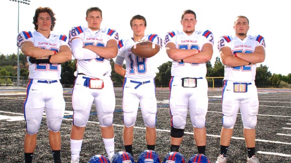 Captains Dillon Jue, Jax Carter, Tanner Wraa, Justin Rogers and Brenden Crabbe show determination for D2 North No. 1 Clayton Valley. Photo: Jason Rogers (courtesy school).