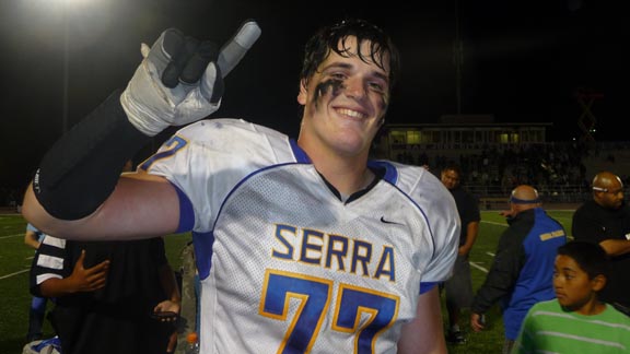 There's not a lot of fat on 6-foot-8, 285-pound Jack Dreyer's frame, which mean he probably doesn't eat too much Dreyer's ice cream. The Serra of San Mateo junior was a force at offensive tackle during the Padres' 17-7 win last Friday over Bellarmine. Photo: Mark Tennis.