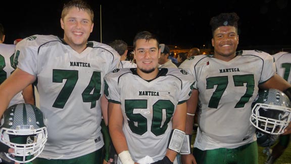 Three of the starters for D2 North ranked Manteca's offensive line are Joe Eavenson, Valenti Saavedra and Isaac McClain. Eavenson is 6-5, 310 while McClain is 6-3, 290. Photo: Mark Tennis.