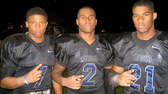 Naijel Hale, Jaleel Wadood and Chandler Hawkins (L to R) make up three-fourths of St. John Bosco's defensive backfield and all of them made impressive tackles on the edge in team's easy 75-35 win over L.A. Crenshaw.    